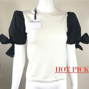 RED Valentino Cream Top with Black Puff Bow Sleeves
